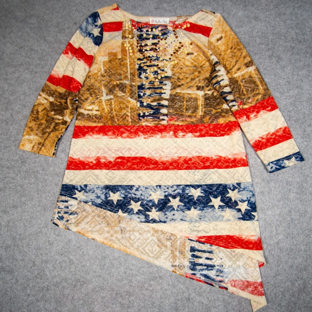 Bella Sky American Flag Asymmetrical Tunic top Medium Beaded Boho Chic